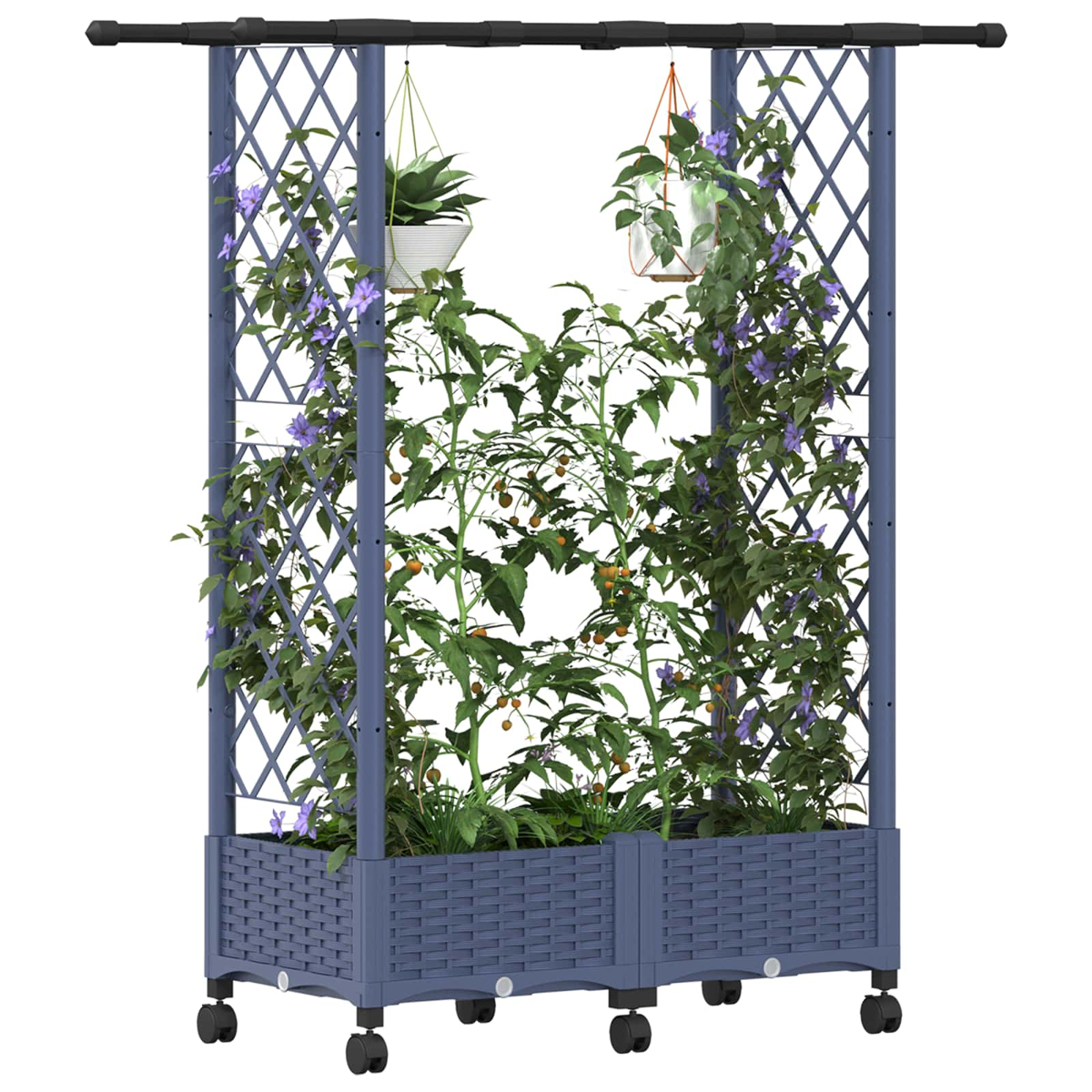 Ein blauer Rankkasten mit Rollen, der Tomatenpflanzen und hängende Töpfe unterstützt.