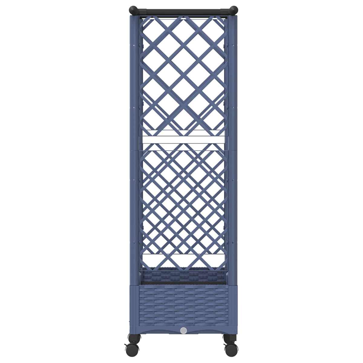 Ein hohes, blaues Plastik-Weinregal mit geflochtenem Sockel, Rautengitter und schwarzen Rollen.