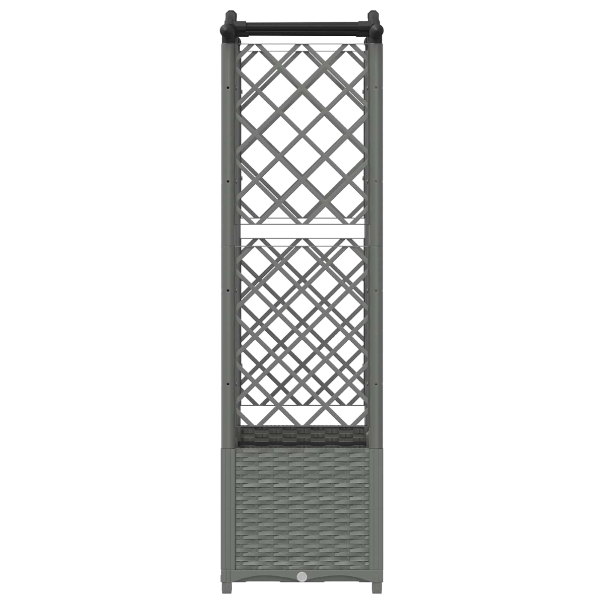 Grauer rechteckiger Pflanzkasten aus Rattan mit integriertem Gitter für Kletterpflanzen.