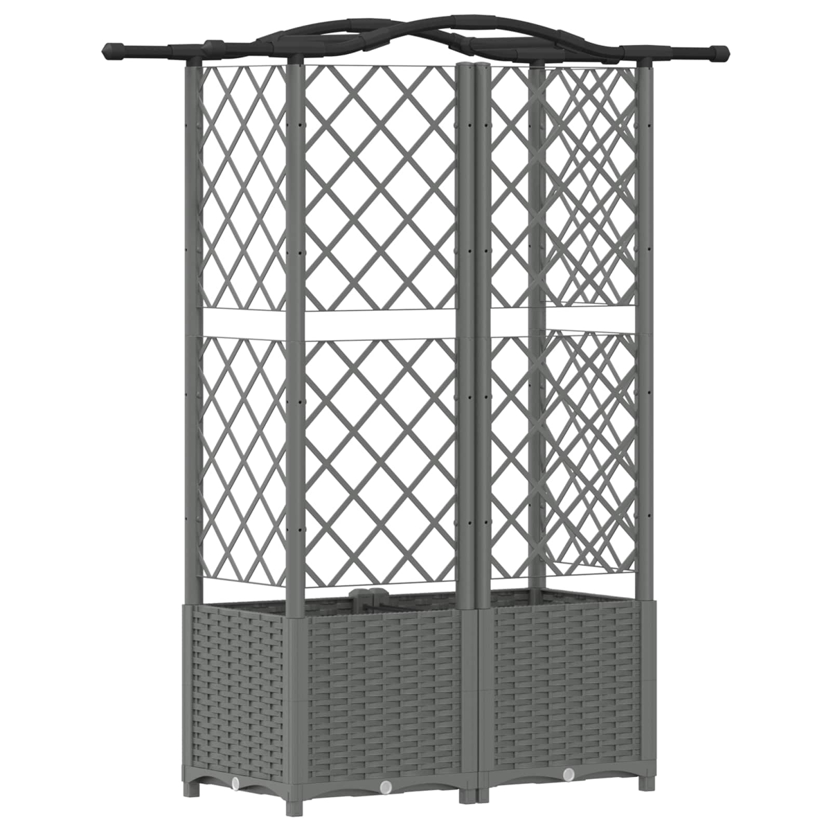 Graues Garten-Rankgitter aus Rattan mit integriertem Pflanzkübel und geschwungenem Dach.