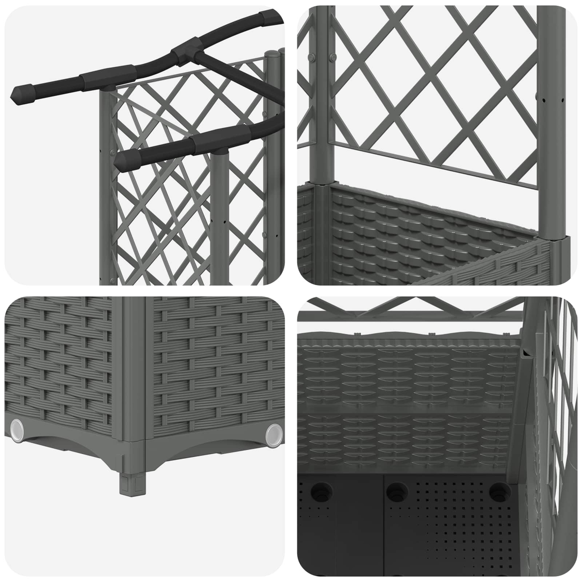 Grauer Kunststoff-Pflanzkasten mit Spalier, Korbgeflecht-Design und Stützstangen.