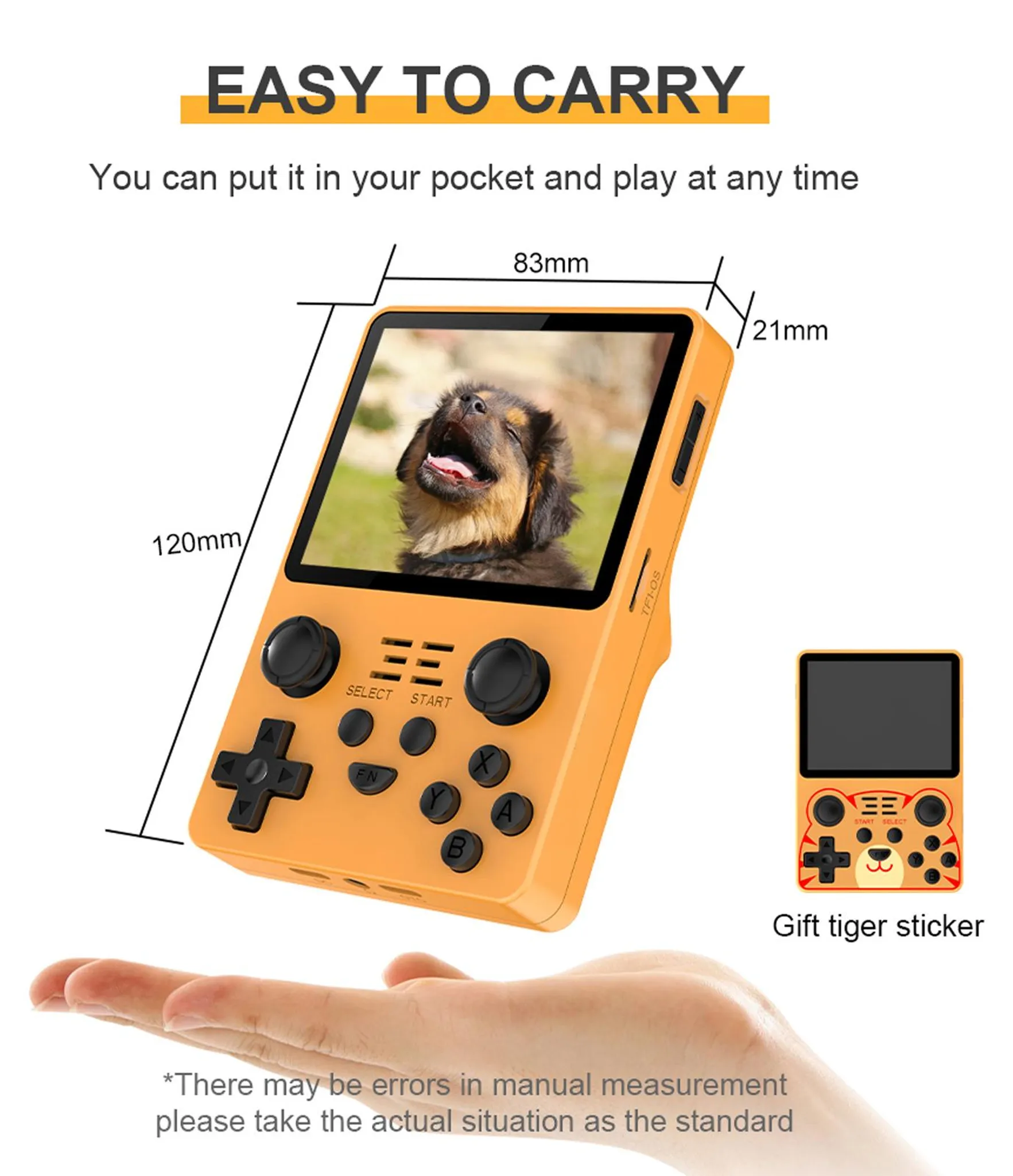 Eine orangefarbene Handheld-Spielkonsole mit Maßen, einem Hundebild auf dem Bildschirm und einer offenen Handfläche darunter.