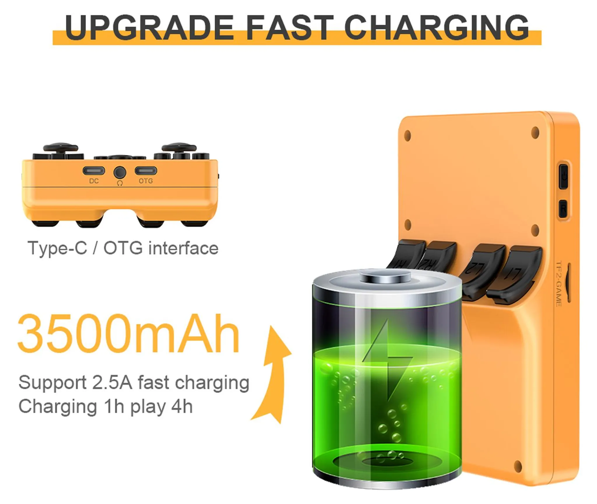 Gelber Handheld-Controller mit 3500mAh Akku, Typ-C Anschluss und Schnellladefunktion.