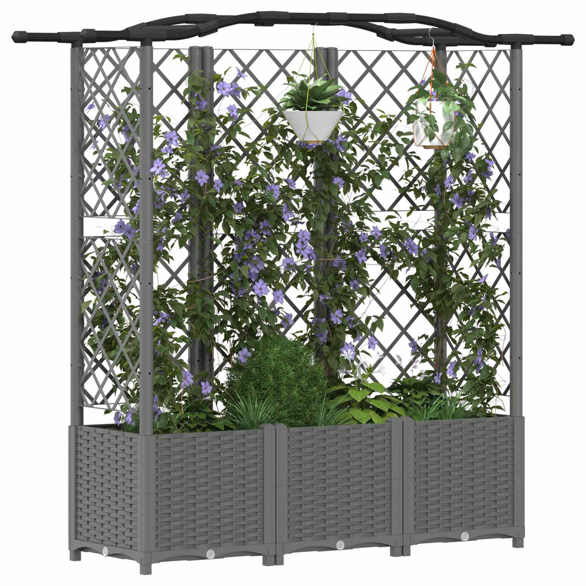 Grauer Rattan-Pflanzkübel mit Spalier, Rankpflanzen mit violetten Blüten und zwei Hängepflanzen.