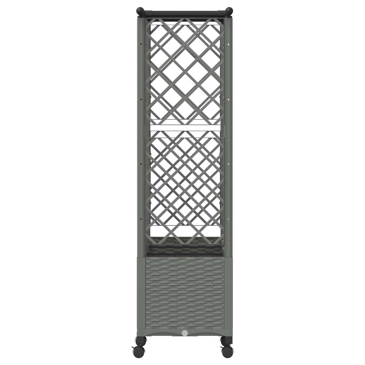 Ein graues Flaschenregal auf Rollen mit zwei offenen Rautenmustern oben und einem Rattankorb unten.