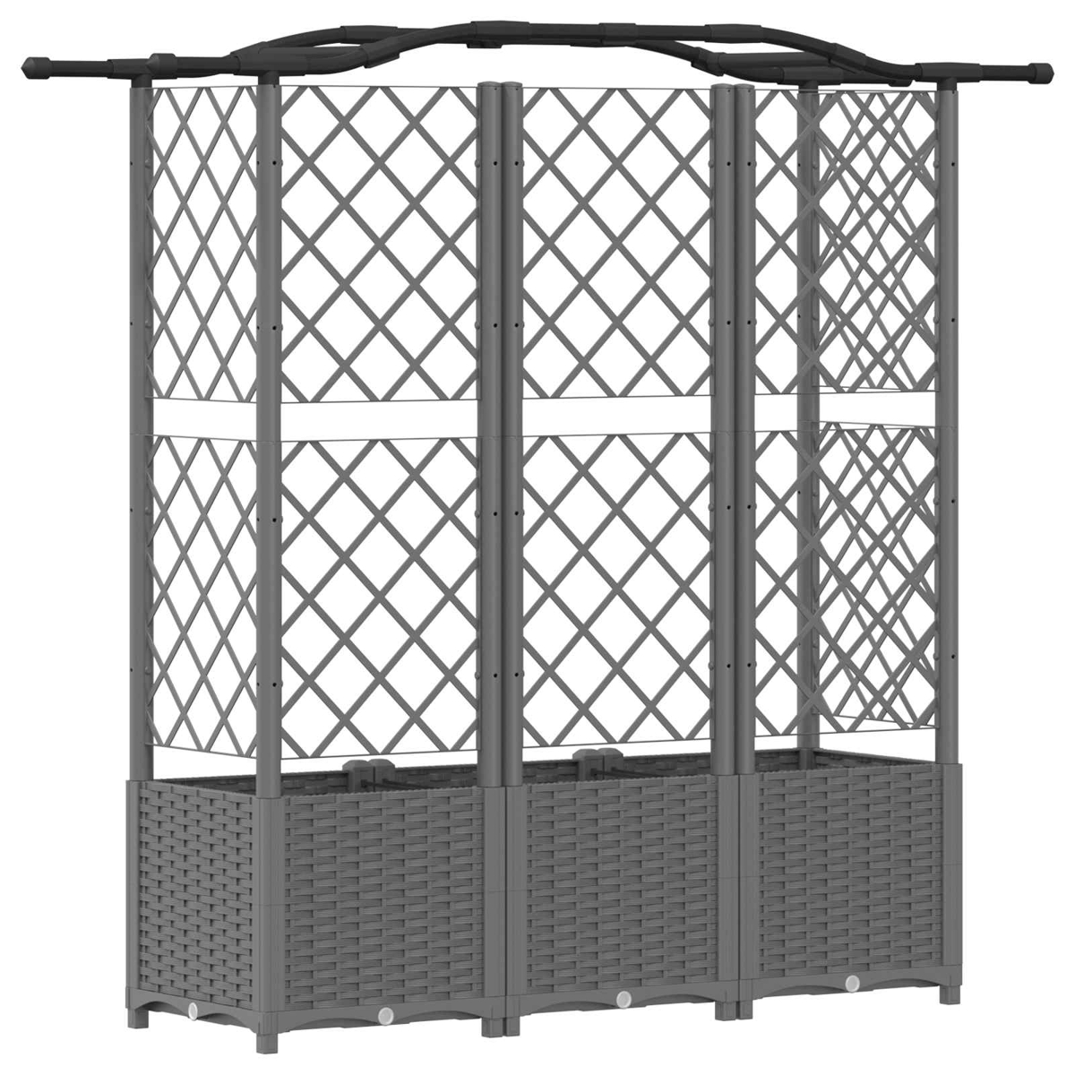 Grauer Gartenpflanzer mit drei vertikalen Rankgittern und gebogenem Oberbalken auf weißem Hintergrund.