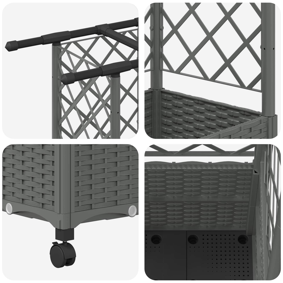 Grauer Rattan-Pflanzkasten mit Rollen und integriertem Spalier, Detailansichten der Konstruktion.