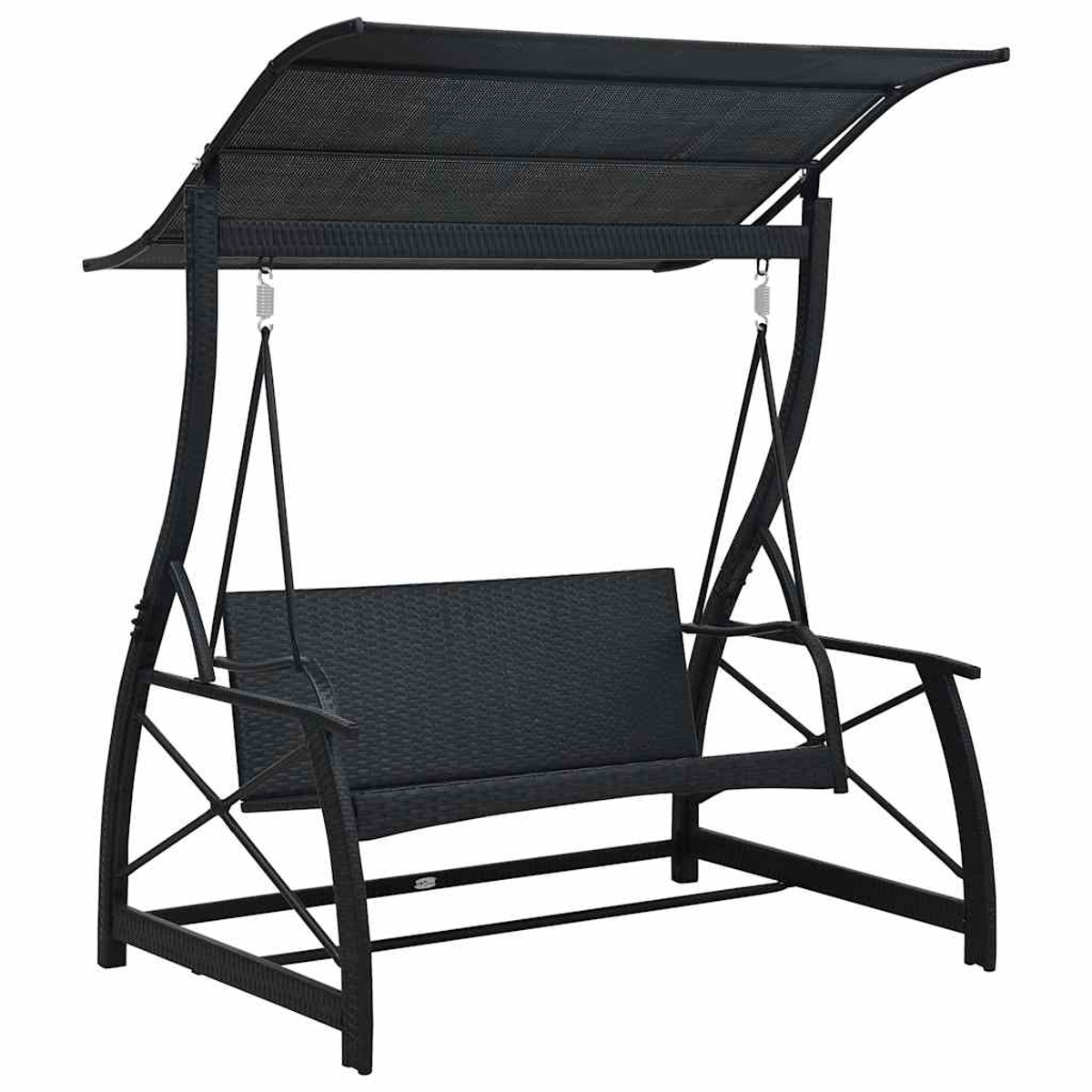 Eine schwarze Veranda-Gartenschaukel mit Dach, Korbgeflecht-Sitz und Metallgestell vor weißem Hintergrund.