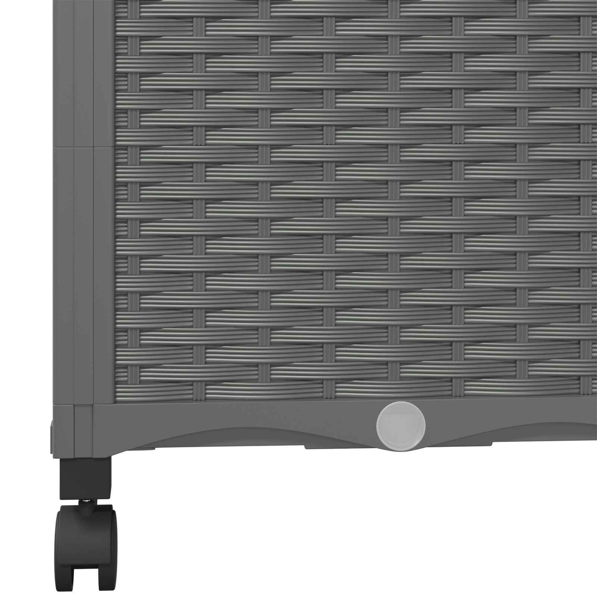 Graues Rattanelement mit schwarzem Rollfuss und hellem Knopf.