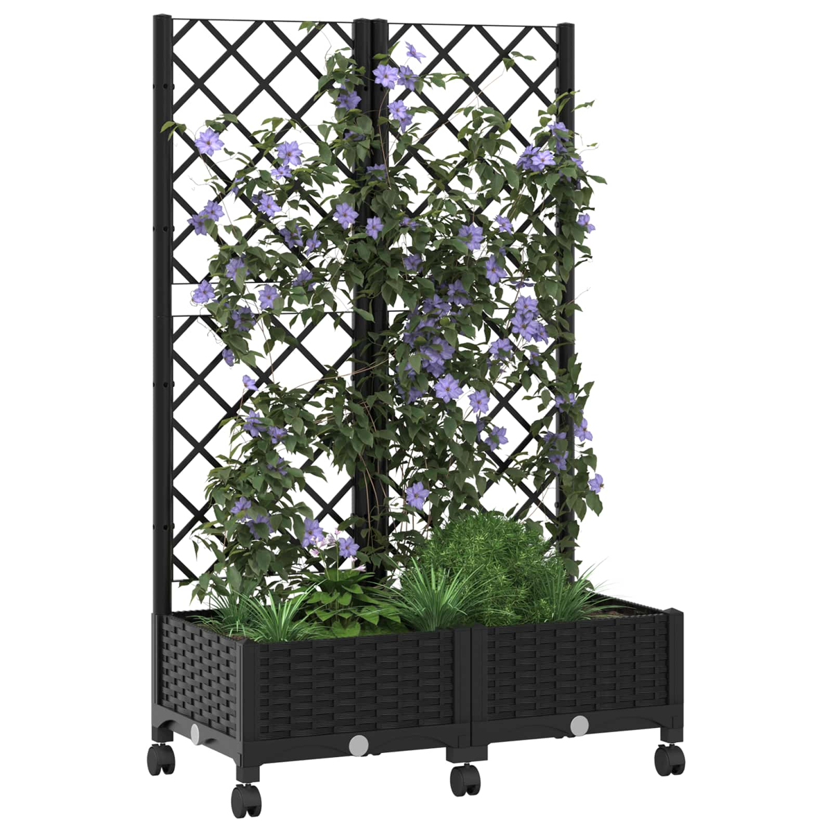 Schwarzes Hochbeet mit Rollen und integriertem Spalier, bewachsen mit Kletterpflanzen und violetten Blüten.