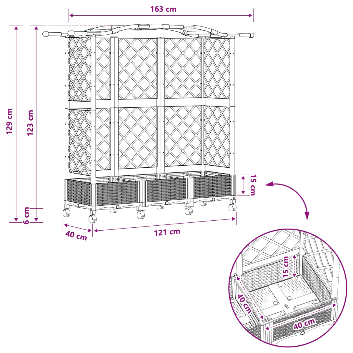Diagramm einer fahrbaren Pflanzkübel-Trellis-Kombination mit Höhen- und Breitenmaßen.