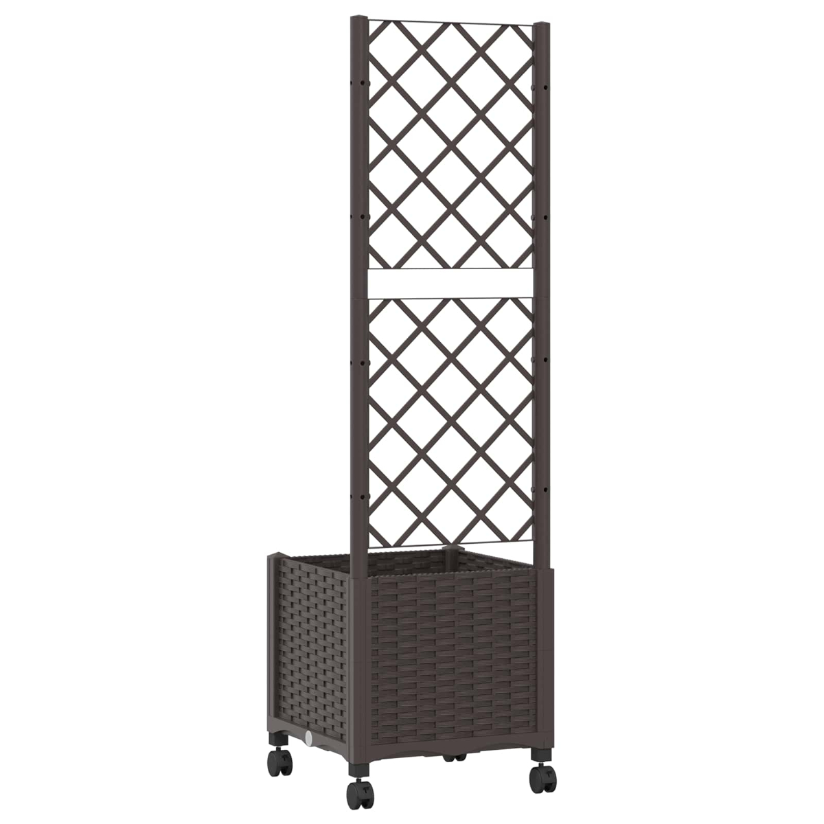 Brauner Rattan-Gartenpflanzer mit hohem Spalier und Rollen.