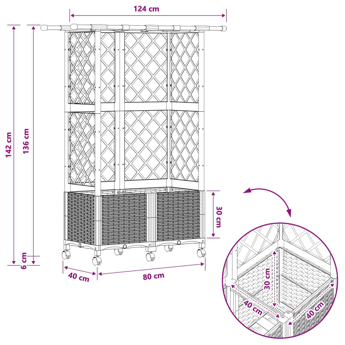 Diagramm eines rechteckigen Pflanzkastens mit Rankgitter, auf Rollen, mit Bemaßung in Zentimetern.