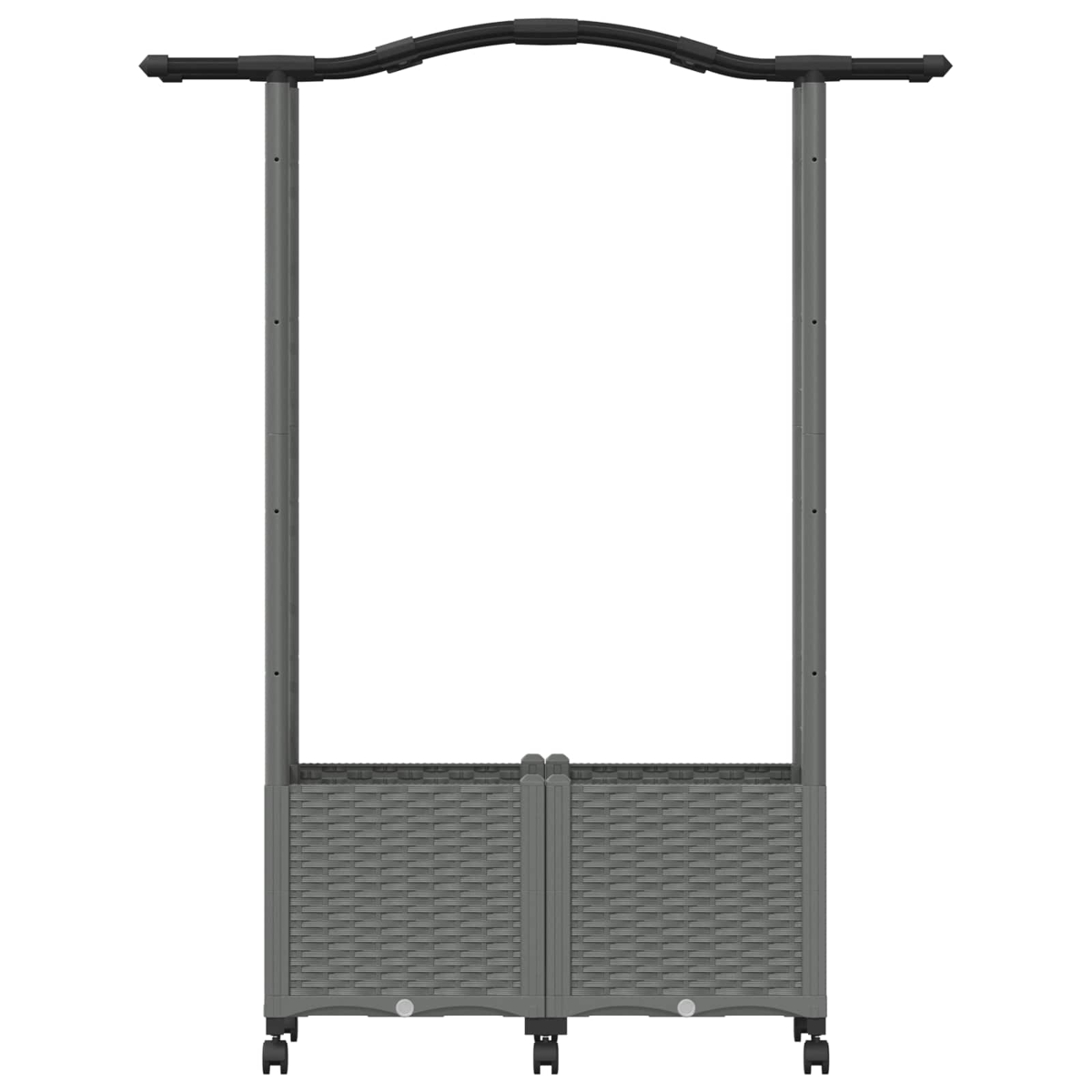 Grauer, fahrbarer Rankkasten aus Polyrattan mit zwei aufrechten Stangen und einem gewölbten Bogen oben.