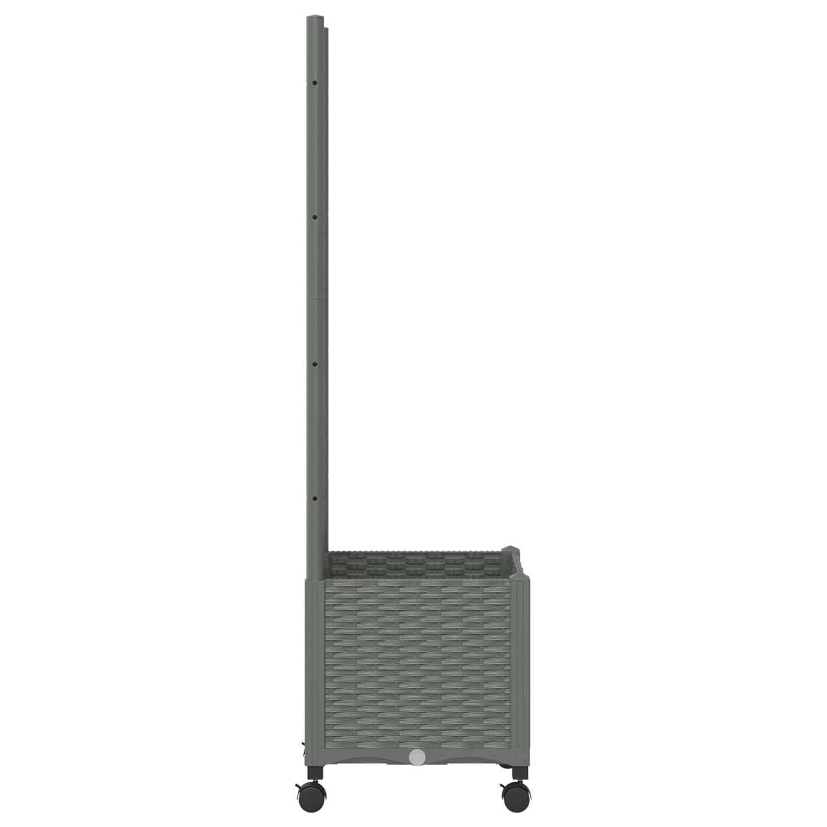 Grauer Rattan-Blumenkübel mit Spalier und Rollen auf weißem Hintergrund.