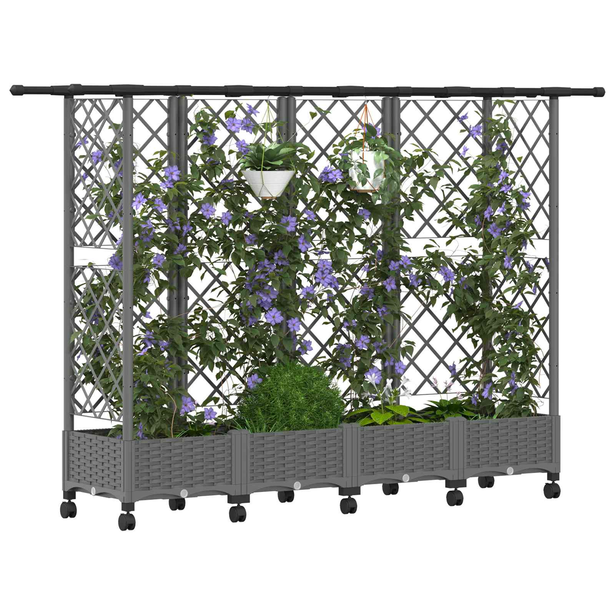 Grauer Pflanzkasten mit Rollen und Spalier, üppig bewachsen mit grünen Pflanzen und violetten Blüten.