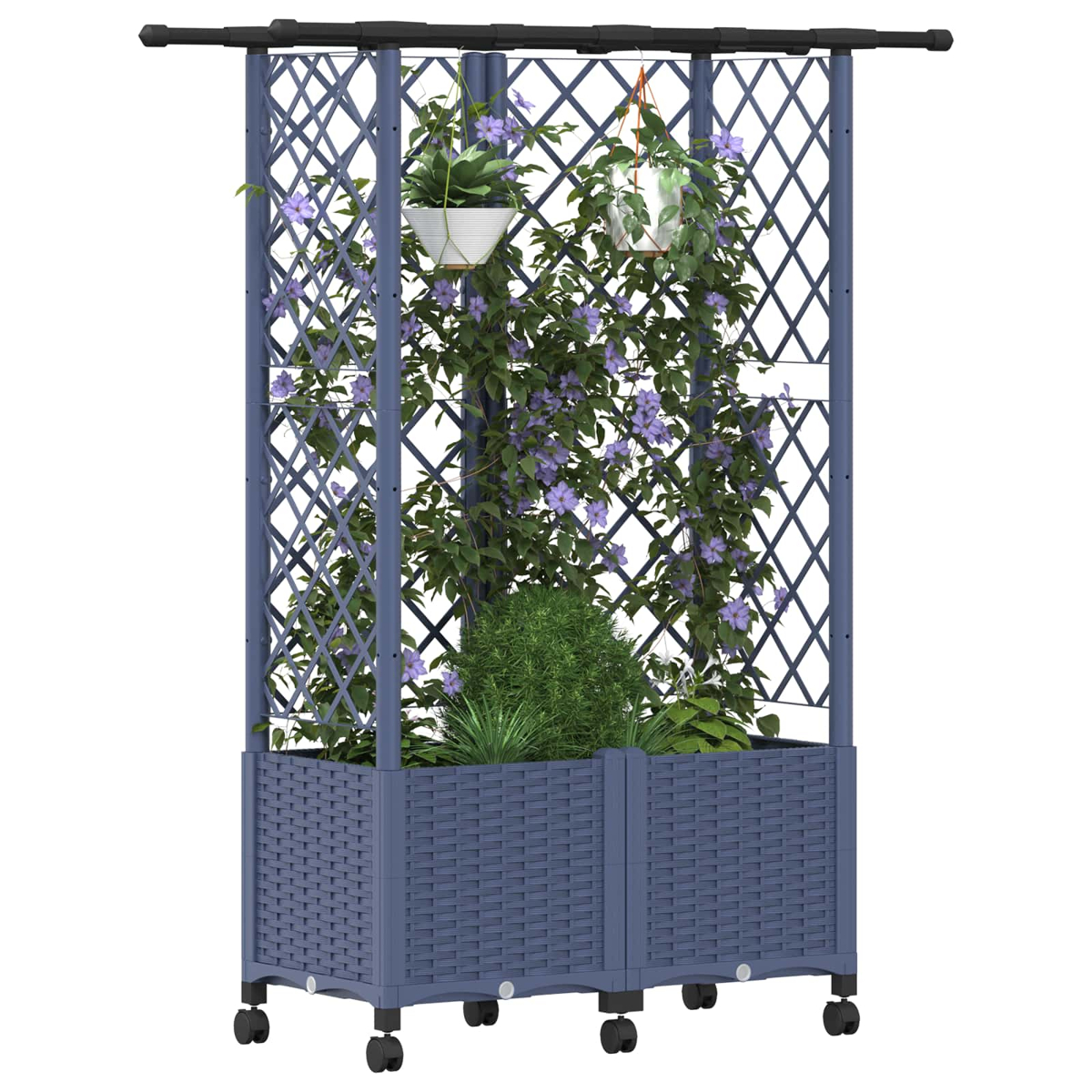 Ein blauer Rankkasten mit Rollen, der mit kletternden Pflanzen und Blumen gefüllt ist.