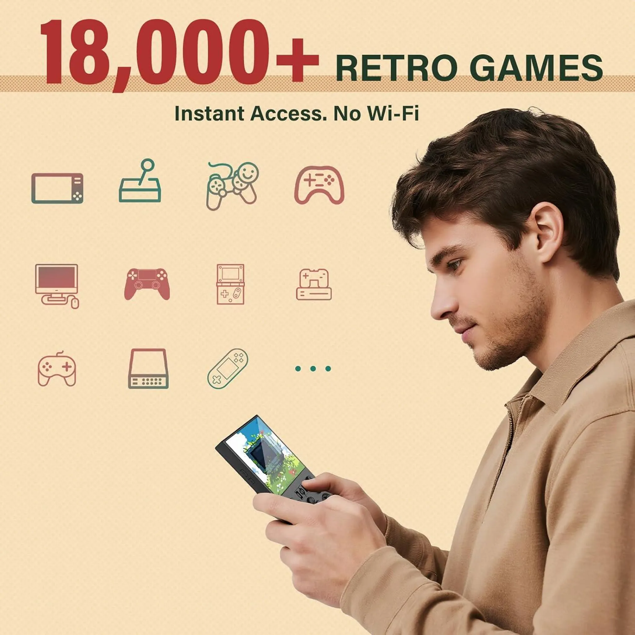 Ein Mann im braunen Hemd spielt auf einer Retro-Handheld-Konsole, im Hintergrund Symbole von Gaming-Geräten.