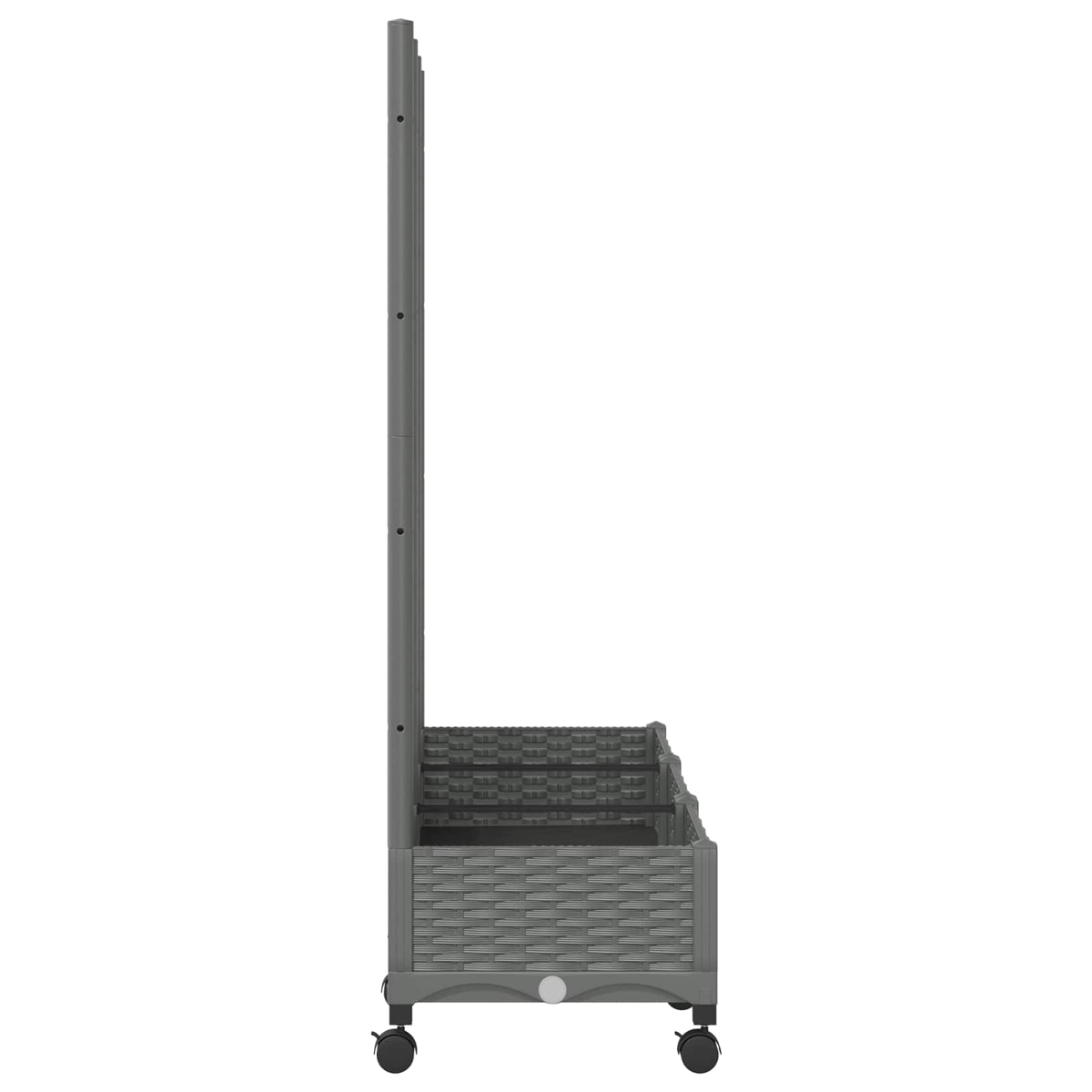 Grauer Rattan-Pflanzkübel mit hohem Rankgitter und Rollen.