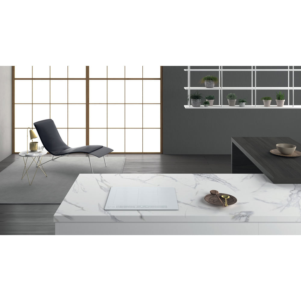 Cocina moderna con encimera de mármol, placa de inducción, tumbona negra y plantas colgantes de fondo.