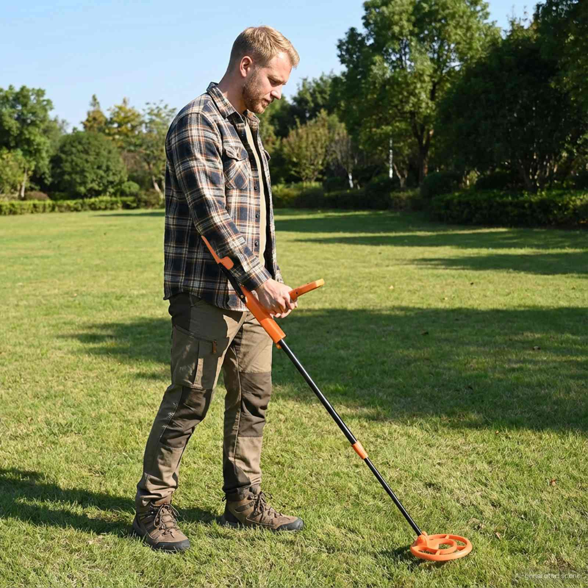 Ein Mann im karierten Hemd sucht im grünen Park mit einem Metalldetektor.