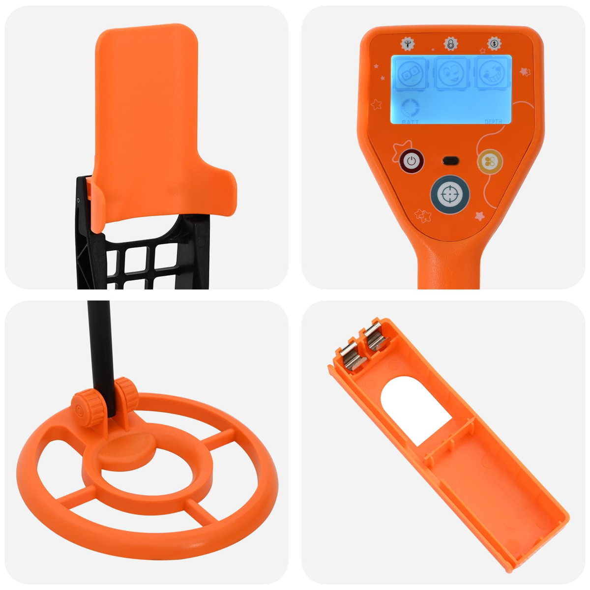 Vier Bilder eines orange-schwarzen Kinder-Metalldetektors mit Display, Suchspule, Griff und Batteriefach.