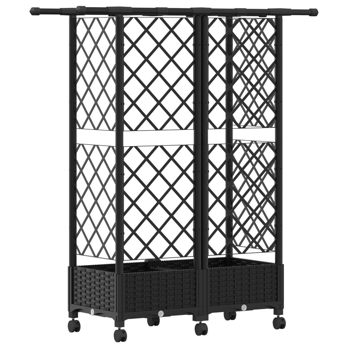 Ein schwarzes, fahrbares Gartenspalier mit zwei Pflanzkästen auf Rädern und Rautenmuster.