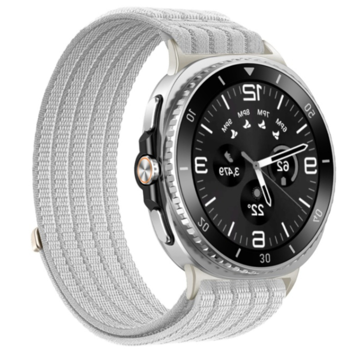 Eine Smartwatch mit silbernem Gehäuse, schwarzem Zifferblatt und einem strukturierten, hellgrauen Textilarmband.