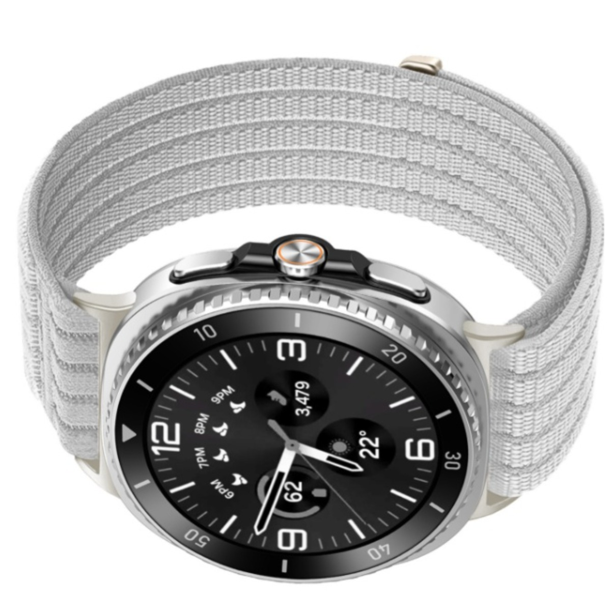 Eine silberne Smartwatch mit schwarzem Zifferblatt und strukturiertem, hellgrauem Textilarmband auf weißem Grund.