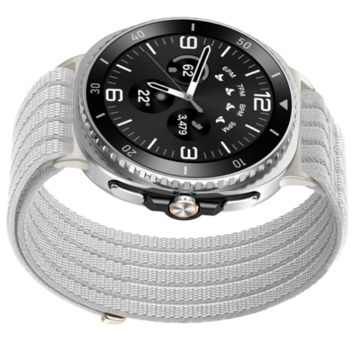 Silberne Smartwatch mit schwarzem Zifferblatt und hellem Stoffarmband auf weißem Hintergrund.