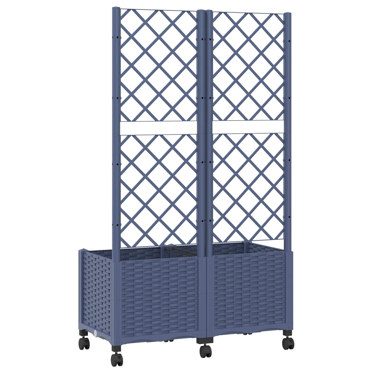 Ein blauer Pflanzkasten aus Rattan auf Rollen mit integriertem Rankgitter für Kletterpflanzen.
