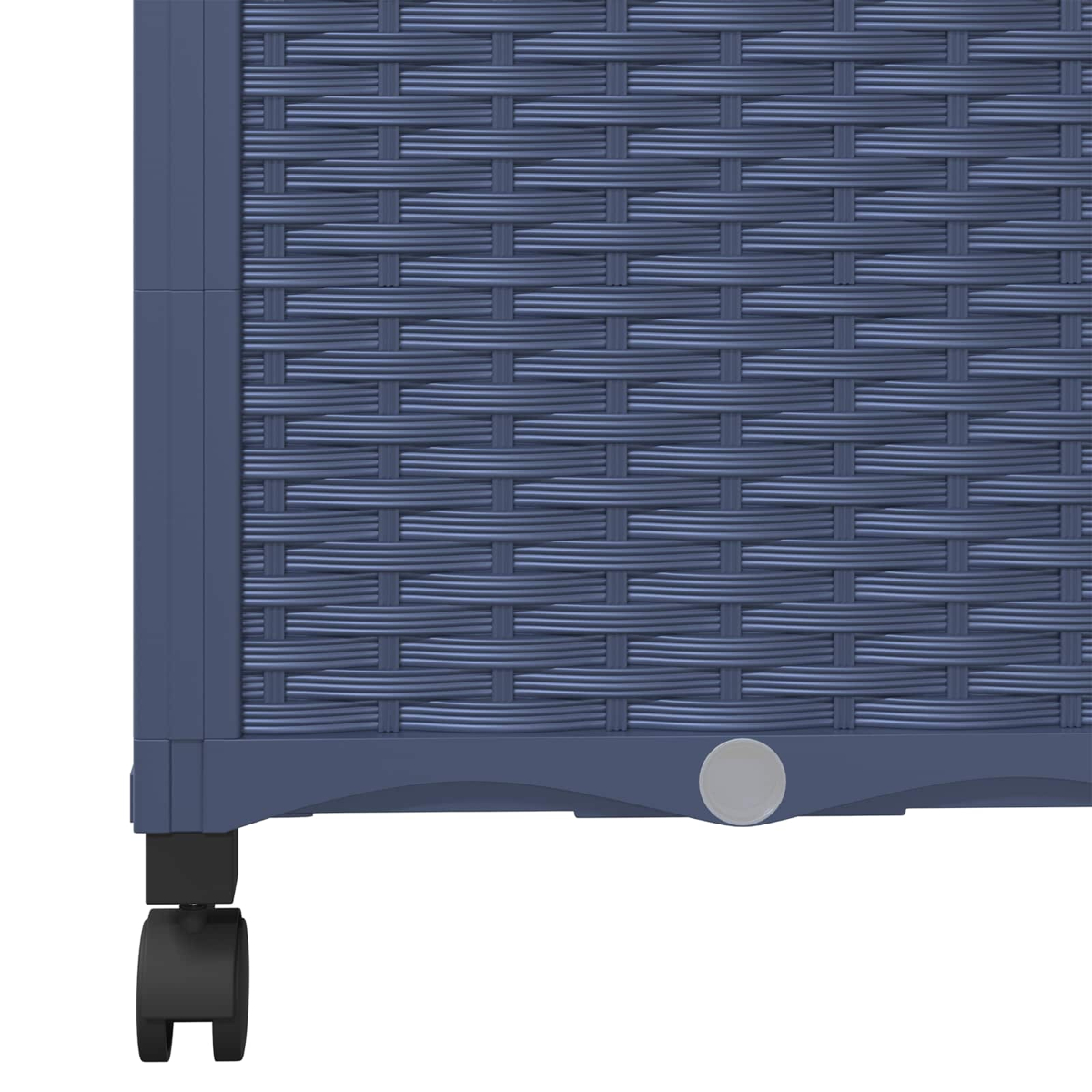 Blaue Rattan-Verkleidung mit einem schwarzen Rad unten.