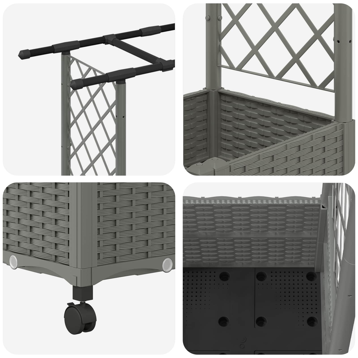 Vier Ausschnitte zeigen Details eines grauen Rattan-Hochbeets mit Rankgitter, Rollen und Bodenbelüftung.