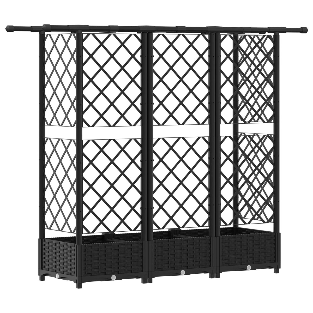 Ein schwarzes Modul-Gartenspalier mit integrierten Pflanzkästen, Rautengitter-Design und oberen Querstreben.
