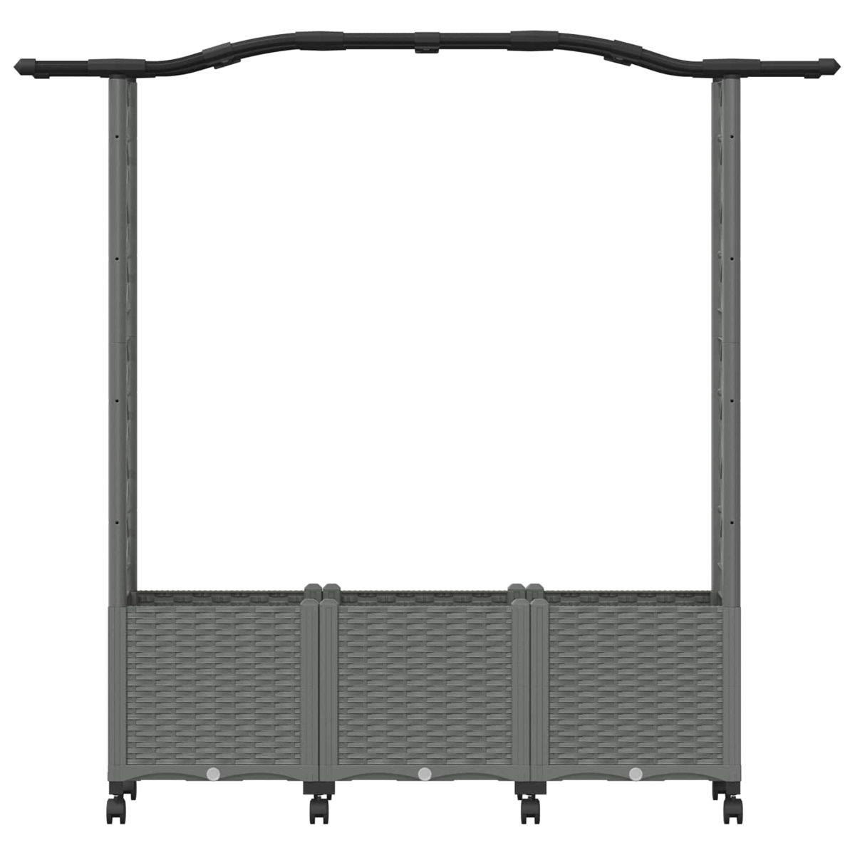 Grauer Gartenbogen mit integrierten Pflanzkästen und Rollen.