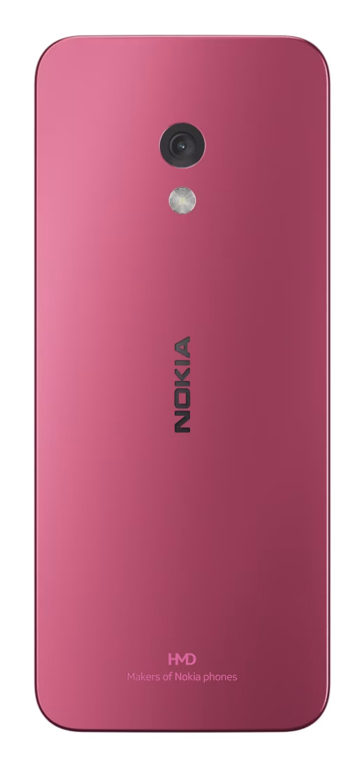 Vista posteriore di uno smartphone Nokia rosa con fotocamera, flash, logo Nokia e marchio HMD.