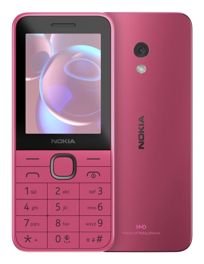 Un telefono cellulare Nokia rosa, con schermo e tastierino davanti, e fotocamera e logo Nokia sul retro.