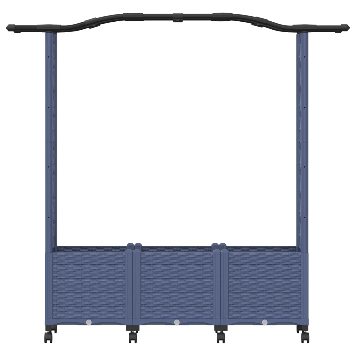 Blaues Rattan-Hochbeet auf Rädern mit zwei hohen Säulen und einem schwarzen Bogen oben auf weißem Hintergrund.