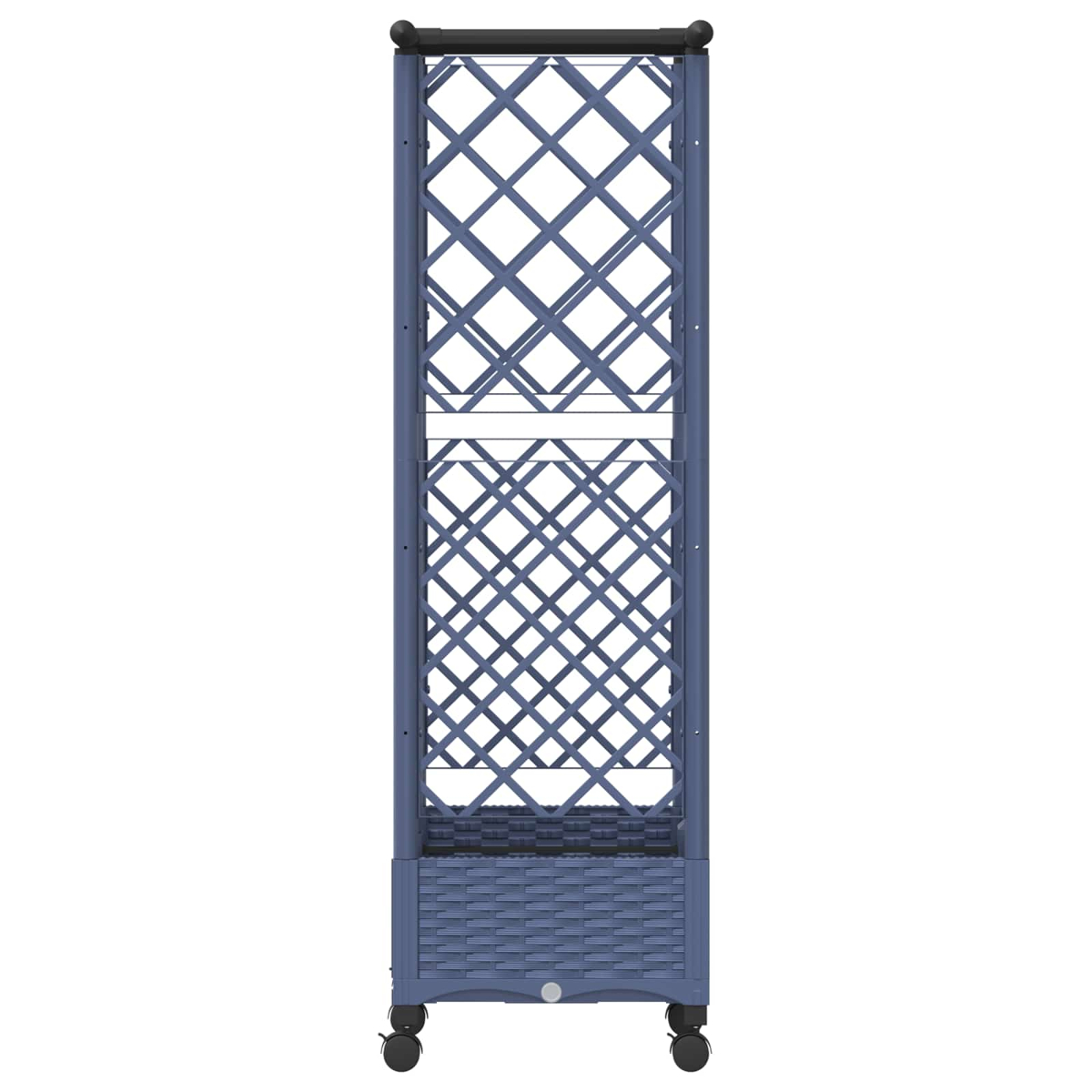 Ein blaues Weinregal auf Rollen mit gekreuzten Gittern.