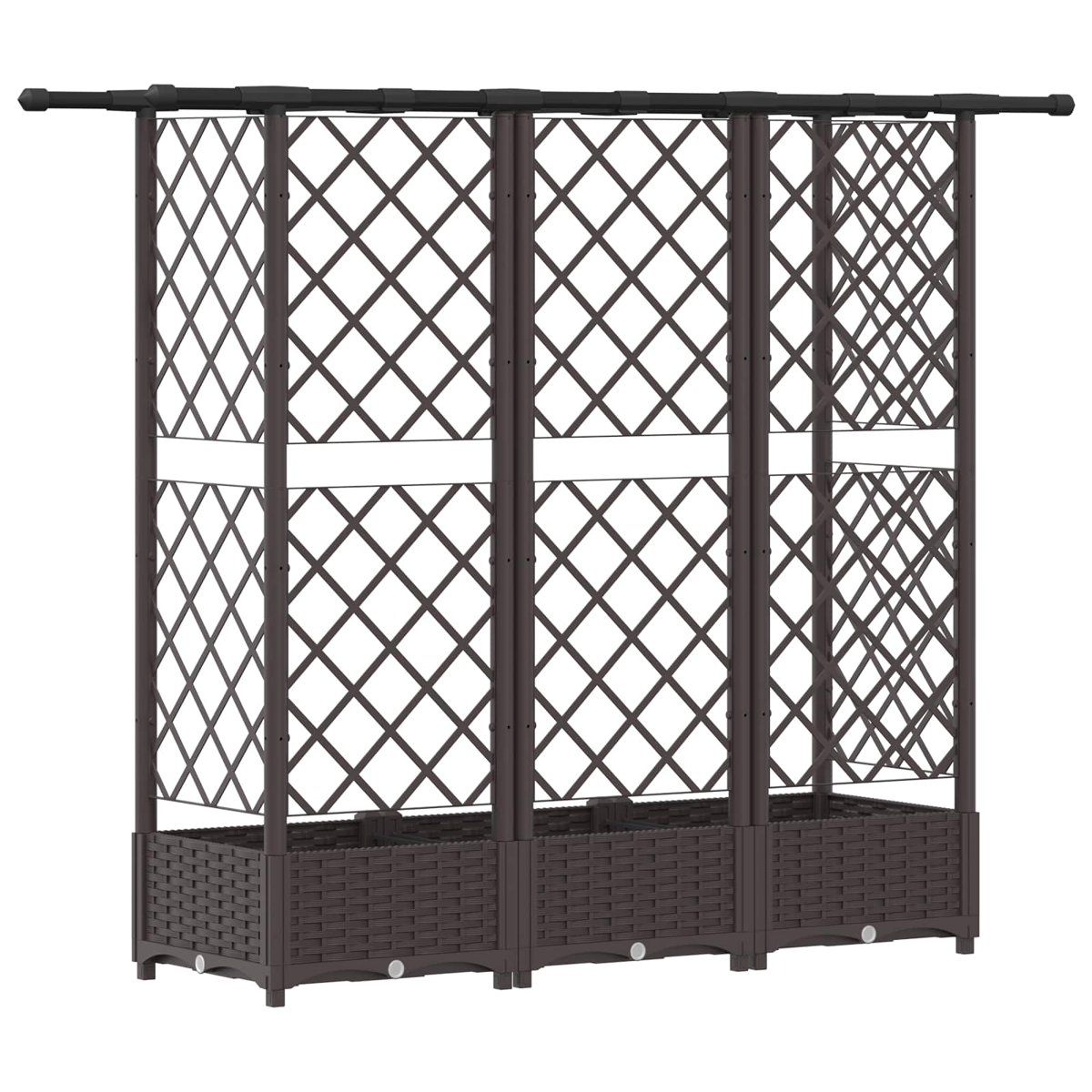 Ein brauner Gartenspalier-Pflanzkasten mit drei geflochtenen Boxen, Rautenmustern und einer oberen Schiene.