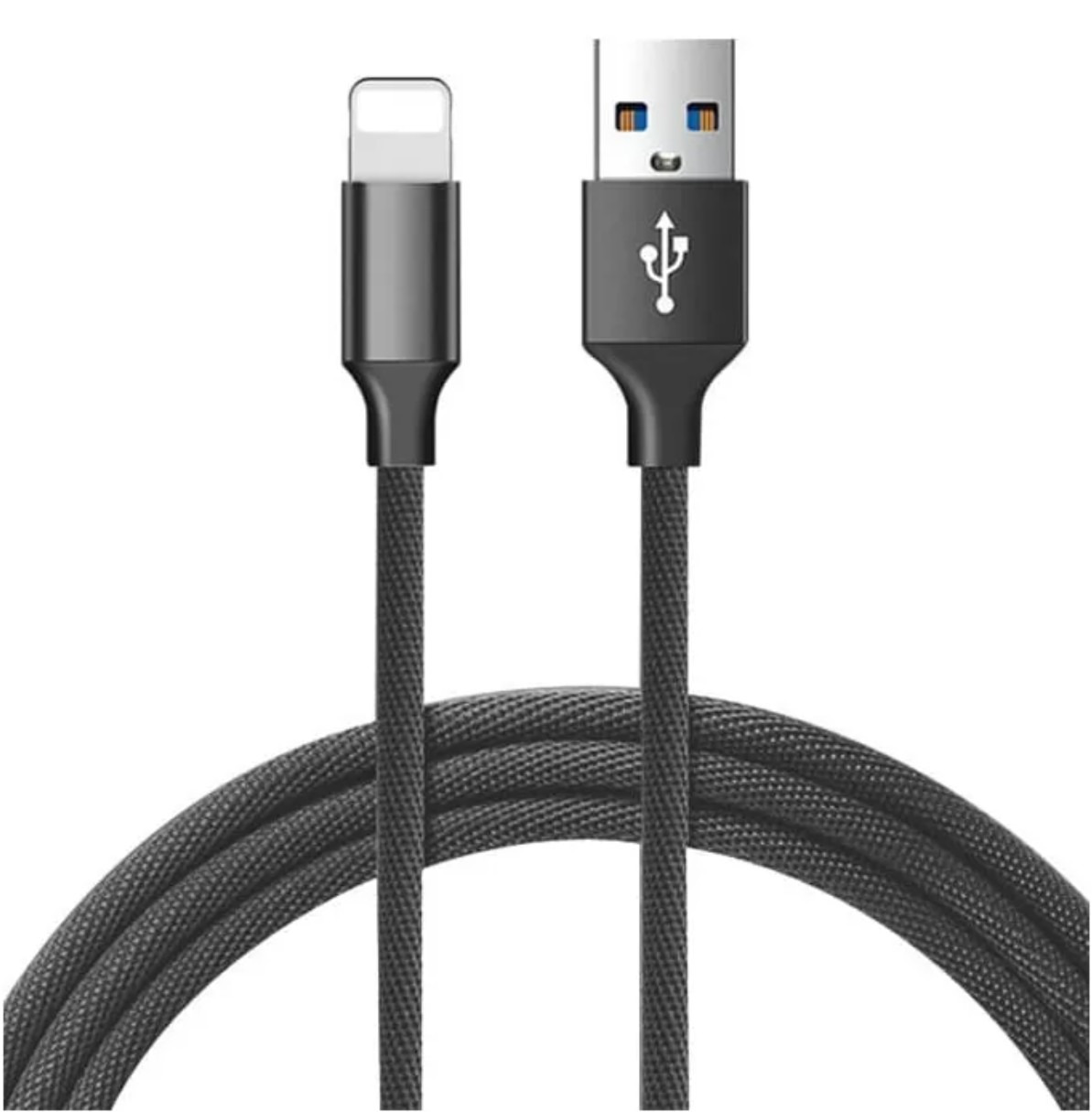 Czarny pleciony kabel ładujący ze złączem USB i wtyczką Lightning na białym tle.
