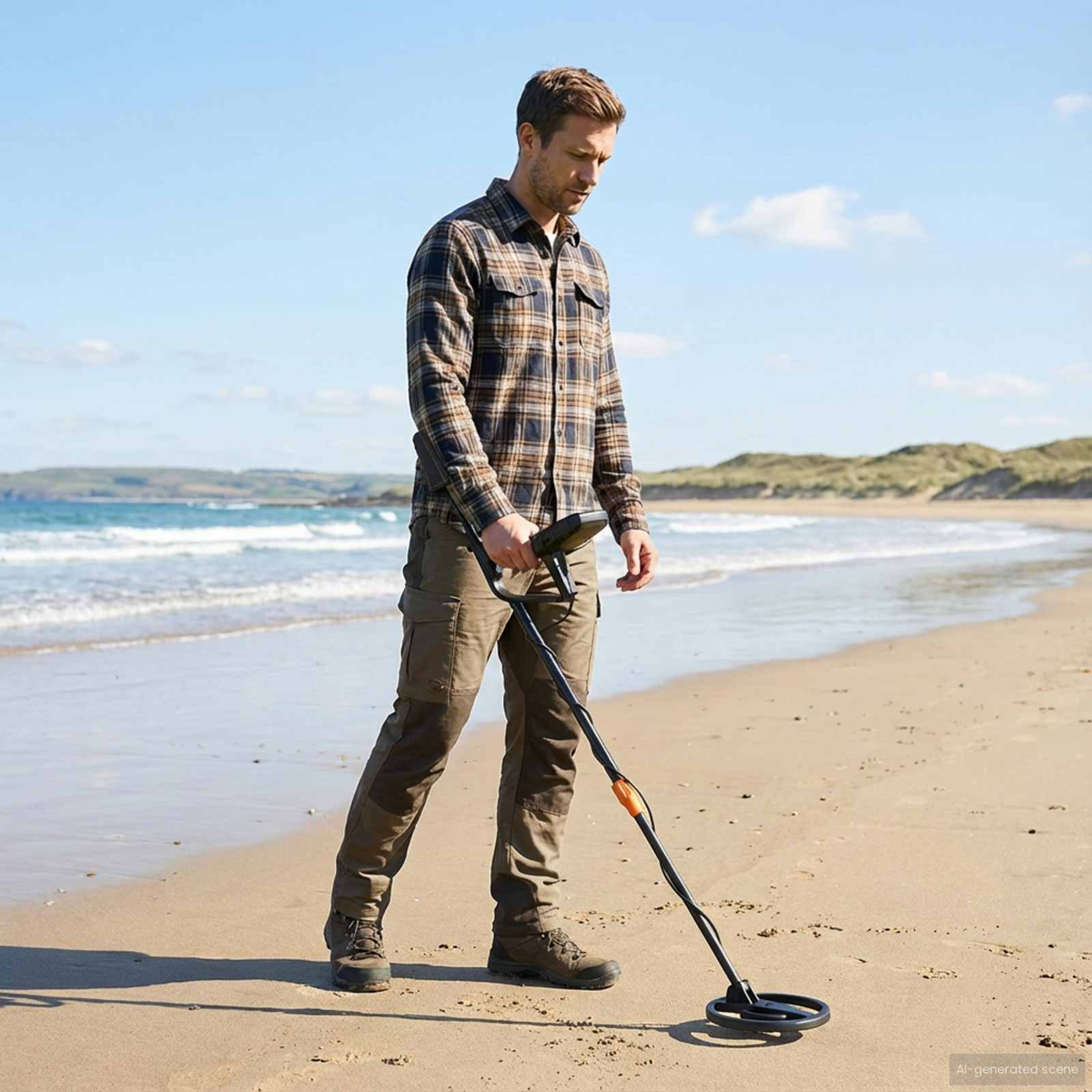 Ein Mann sucht mit einem Metalldetektor am sandigen Strand nach Schätzen.