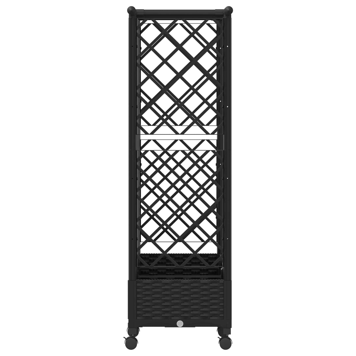Ein hohes, schwarzes Weinregal mit diagonalem Gitterdesign und Rollen auf weißem Hintergrund.