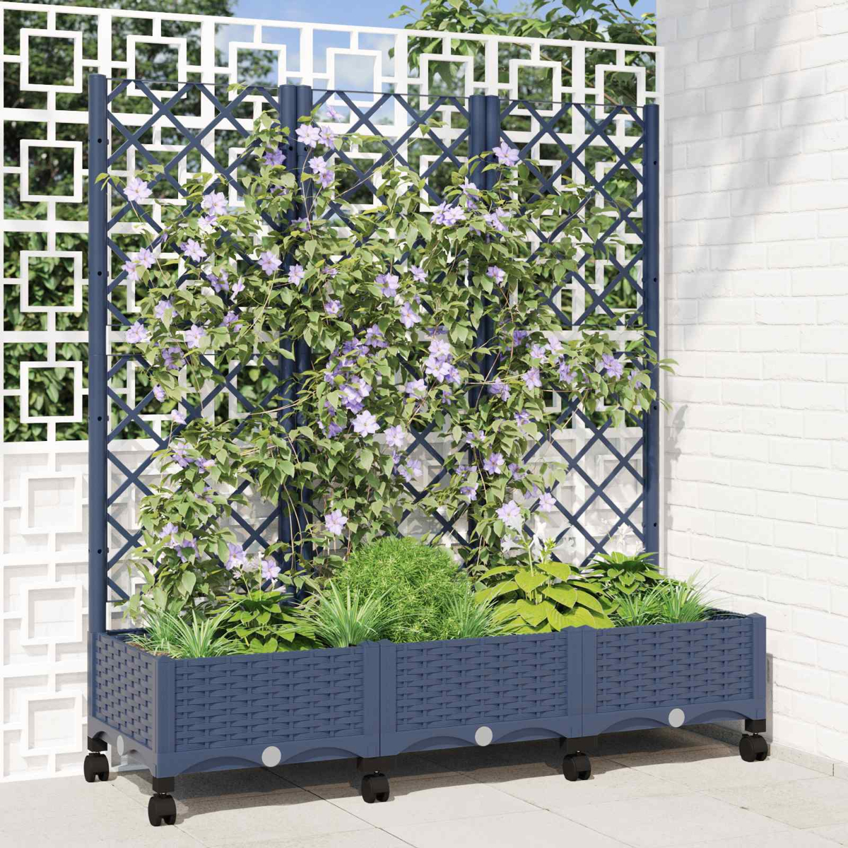 Ein blauer Rankkasten mit Rollen auf einer Terrasse vor einer weißen Wand und einem Gitter.