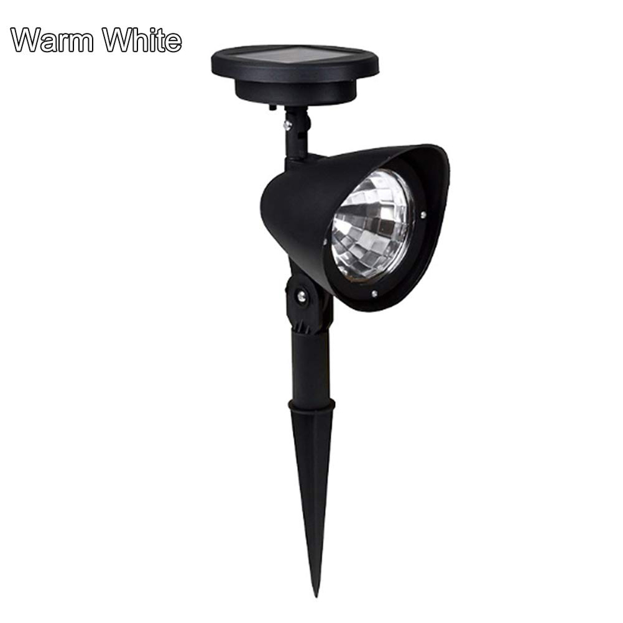 Schwarze Solarlampe mit Erdspieß und oben angebrachtem Solarmodul vor weißem Hintergrund.