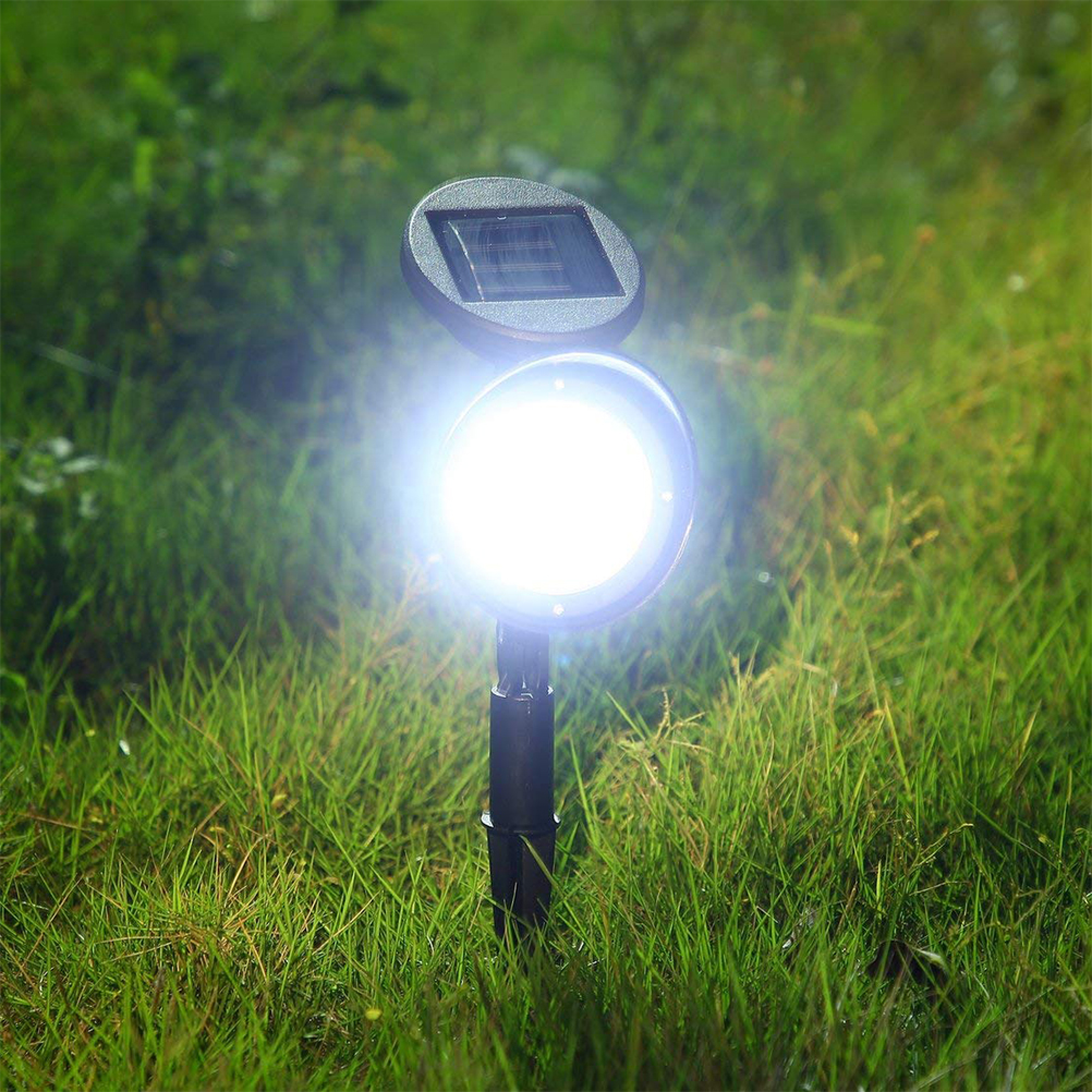 Eine helle Solar-Gartenleuchte steht aufrecht im grünen Gras und beleuchtet die Umgebung in der Dämmerung.