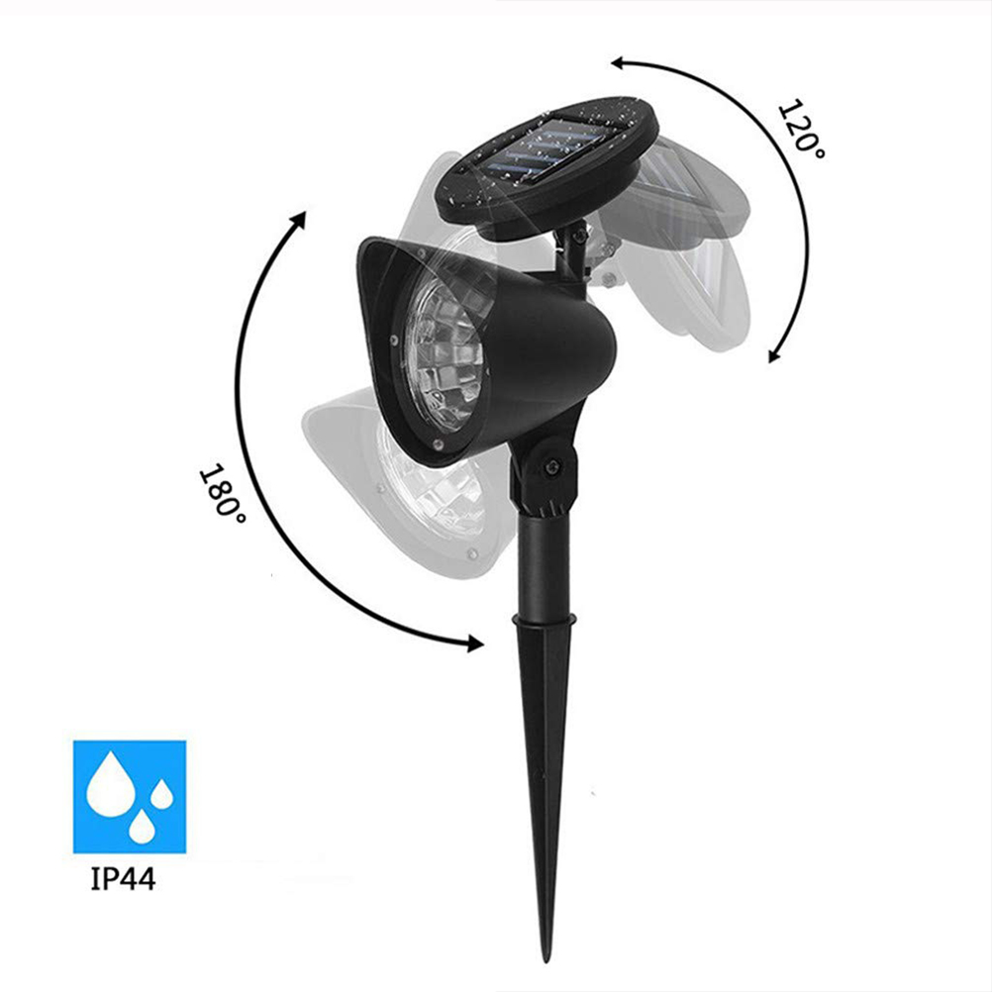 Ein schwarzer, verstellbarer Solar-Gartenstrahler zeigt 120- und 180-Grad-Drehwinkel mit IP44-Symbol.