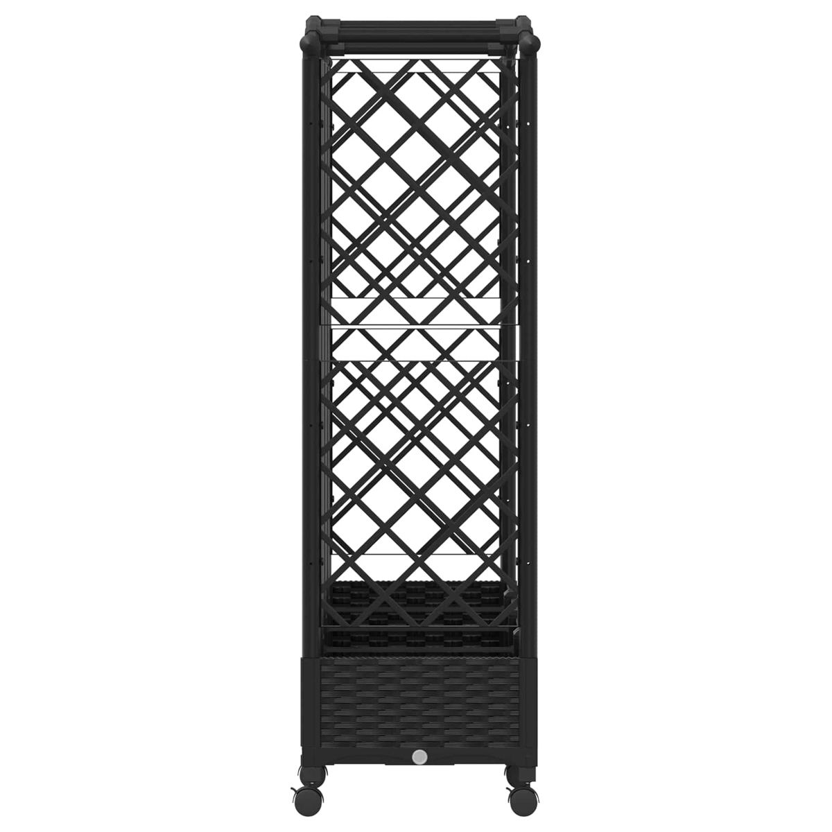 Ein schwarzes Weinregal auf Rollen mit einem Rattan-Fach unten und diagonalen Gittern.