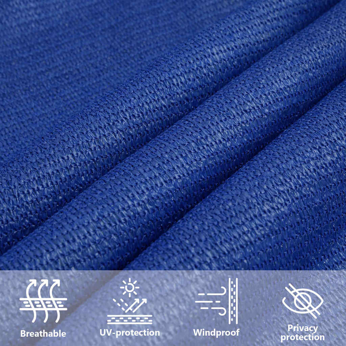 Blaue Sonnenschutznetz-Folie mit Symbolen für Atmungsaktivität, UV-Schutz, Winddichtigkeit und Sichtschutz unten.