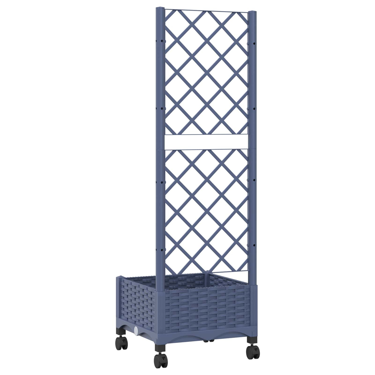 Blaue Garten-Rankhilfe mit integriertem Pflanzkasten auf Rollen.